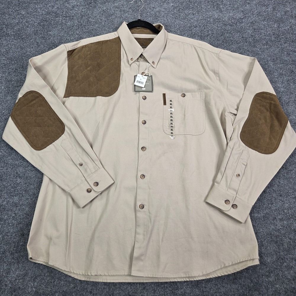 North River Shirt Mens XL Beige Quilted Shoulder Elbow Patch Hunting Button Up